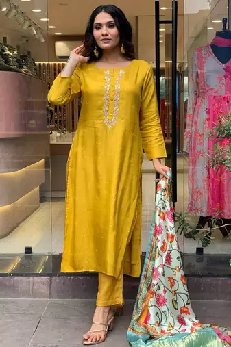 Mustard viscosee chanderi fabric ethnic partywear salwar kameez for trendy looks