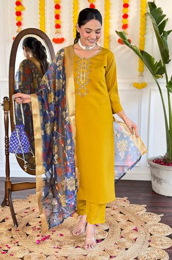 Mustard viscose chanderi fabric ethnic partywear salwar kameez for trendy looks