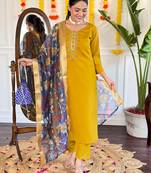 Mustard viscose chanderi fabric ethnic partywear salwar kameez for trendy looks