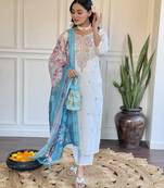 Off white viscose chanderi fabric ethnic partywear salwar kameez for trendy looks