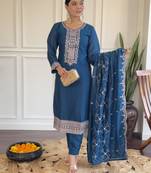 Blue vichitra silk fabric ethnic partywear salwar kameez for trendy looks