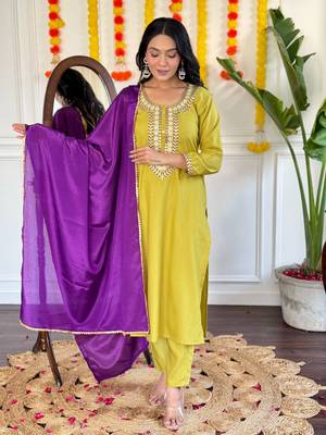 Mustard rayon slub fabric ethnic partywear salwar kameez for trendy looks 1
