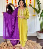 Mustard rayon slub fabric ethnic partywear salwar kameez for trendy looks