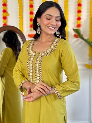 Mustard rayon slub fabric ethnic partywear salwar kameez for trendy looks 2