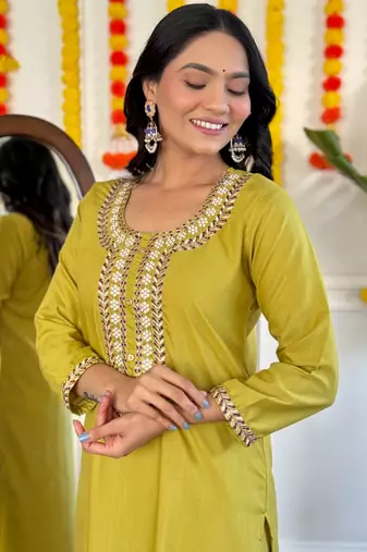 Mustard rayon slub fabric ethnic partywear salwar kameez for trendy looks