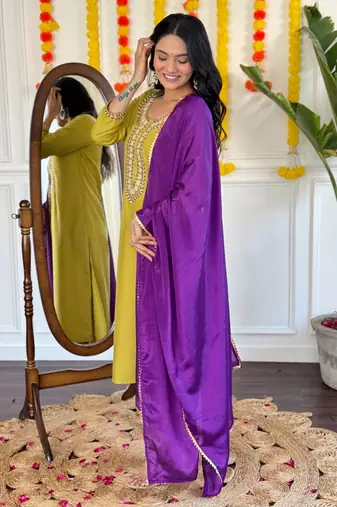 Mustard rayon slub fabric ethnic partywear salwar kameez for trendy looks