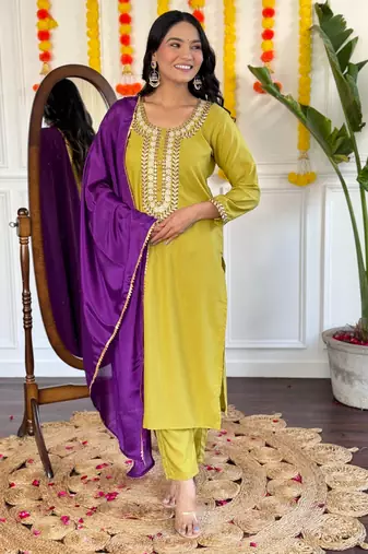 Mustard rayon slub fabric ethnic partywear salwar kameez for trendy looks