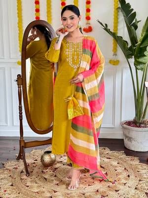 Mustard viscosee chanderi fabric ethnic partywear salwar kameez for trendy looks 1