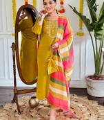 Mustard viscose chanderi fabric ethnic partywear salwar kameez for trendy looks