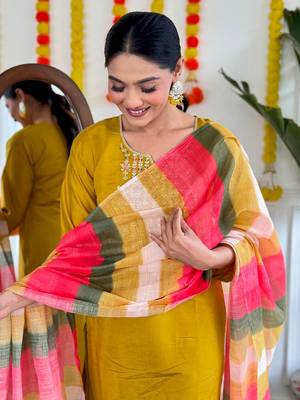 Mustard viscosee chanderi fabric ethnic partywear salwar kameez for trendy looks 2