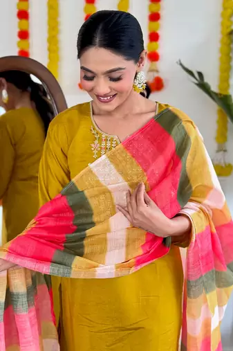 Mustard viscosee chanderi fabric ethnic partywear salwar kameez for trendy looks