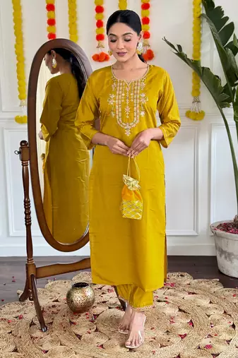 Mustard viscosee chanderi fabric ethnic partywear salwar kameez for trendy looks