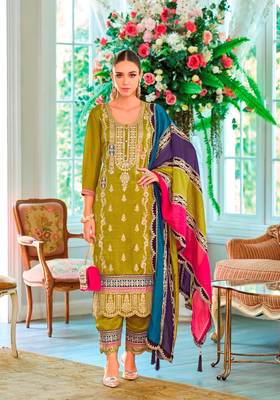 Green embroidery work chinon fabric palazzo dress for wedding party looks 1