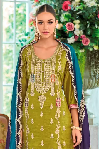 Green embroidery work chinon fabric palazzo dress for wedding party looks