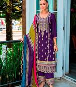 Purple embroidery work chinon fabric palazzo dress for wedding party looks