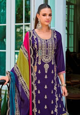 Purple embroidery work chinon fabric palazzo dress for wedding party looks 2