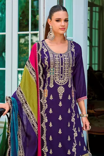 Purple embroidery work chinon fabric palazzo dress for wedding party looks