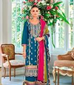 Aqua blue embroidery work chinon fabric palazzo dress for wedding party looks