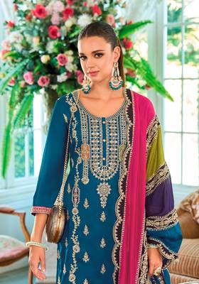 Aqua blue embroidery work chinon fabric palazzo dress for wedding party looks 2