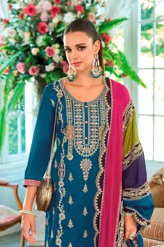 Aqua blue embroidery work chinon fabric palazzo dress for wedding party looks