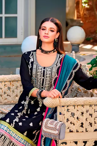 Black embroidery work chinon fabric palazzo dress for wedding party looks