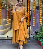 Mustard beautiful embroidered viscose chanderi fabric ceremonial ready suit