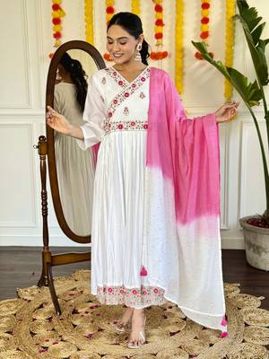 Off white beautiful embroidered viscosee chanderi fabric ceremonial ready suit 1