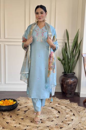 Sky blue beautiful embroidered viscose chanderi fabric ceremonial ready suit