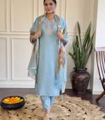 Sky blue beautiful embroidered viscosee chanderi fabric ceremonial ready suit