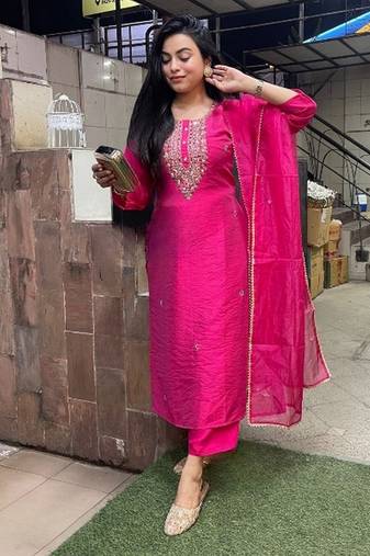 Pink beautiful embroidered viscose chanderi fabric ceremonial ready suit