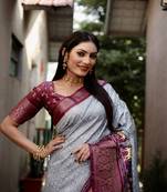 Gray Digital Print Dola Silk Saree