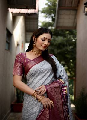 Gray Digital Print Dola Silk Saree 2