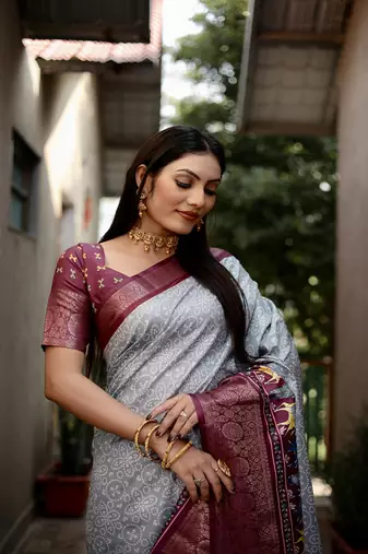 Gray Digital Print Dola Silk Saree
