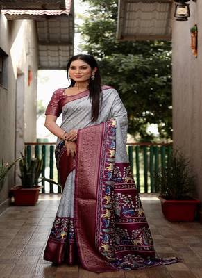 Gray Digital Print Dola Silk Saree 3