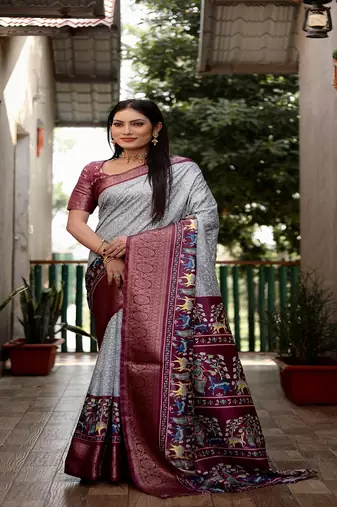 Gray Digital Print Dola Silk Saree