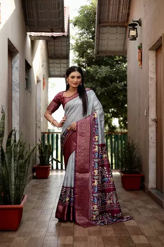 Gray Digital Print Dola Silk Saree
