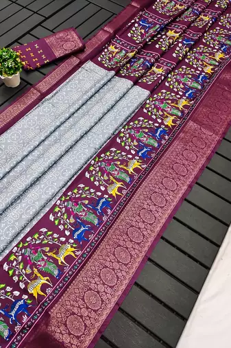 Gray Digital Print Dola Silk Saree