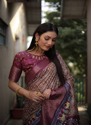 Light Brown Digital Print Dola Silk Saree 1