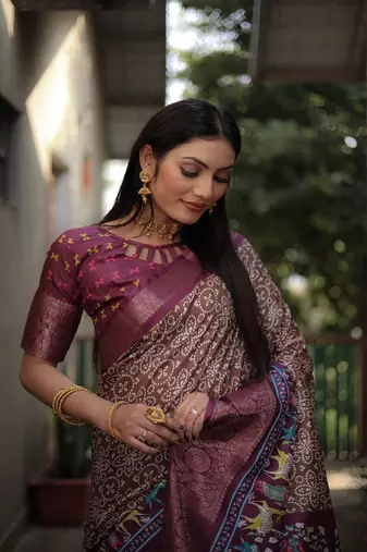 Light Brown Digital Print Dola Silk Saree