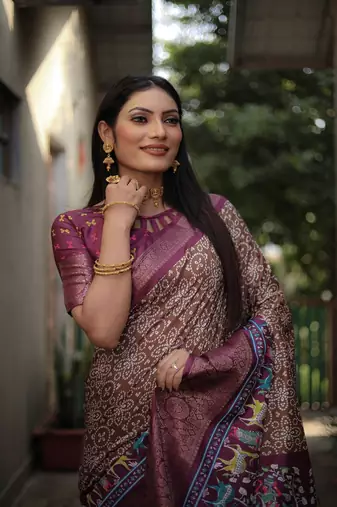 Light Brown Digital Print Dola Silk Saree