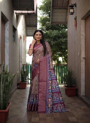 Light Brown Digital Print Dola Silk Saree 3
