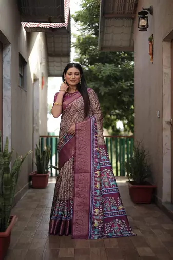 Light Brown Digital Print Dola Silk Saree