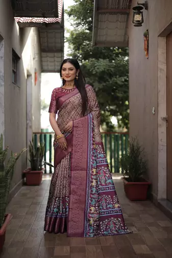 Light Brown Digital Print Dola Silk Saree