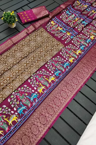 Light Brown Digital Print Dola Silk Saree
