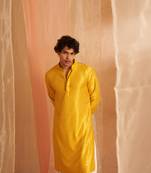 Yellow glamorous viscose fabric chikankari embroidery work men kurta payjama