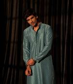Blue glamorous viscose fabric chikankari embroidery work men kurta payjama