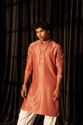 Red glamorous viscosee fabric chikankari embroidery work men kurta payjama 1