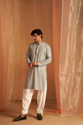 Grey glamorous viscosee fabric chikankari embroidery work men kurta payjama 1