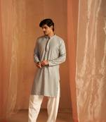 Grey glamorous viscose fabric chikankari embroidery work men kurta payjama