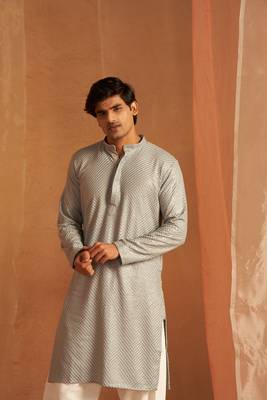 Grey glamorous viscosee fabric chikankari embroidery work men kurta payjama 2